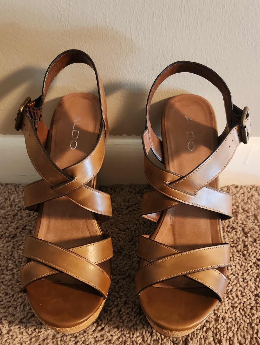 ALDO Women's Tan Leather Crisscross Wedge Sandals